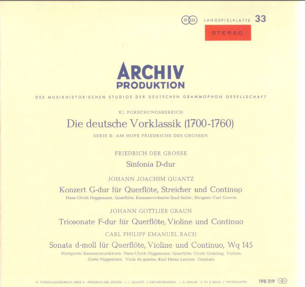 Friedrich Der Grosse / Johann Joachim Quantz / Johann Gottlieb Graun / Carl Philipp Emanuel Bach - Sinfonia D-dur / Konzert G-dur / Triosonate  / Sonata Wq 145 (LP, Gat)